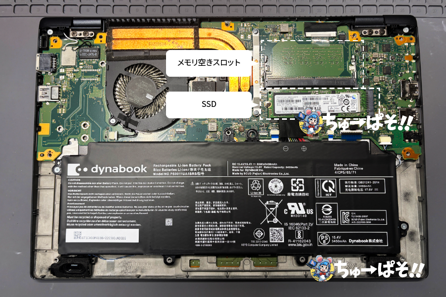 メモリ空きスロットとSSDの位置